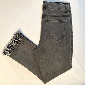 John Mark Cropped Black Jeans B&W Fringe Fray Hem Pant Womens 10 Boho Stretch